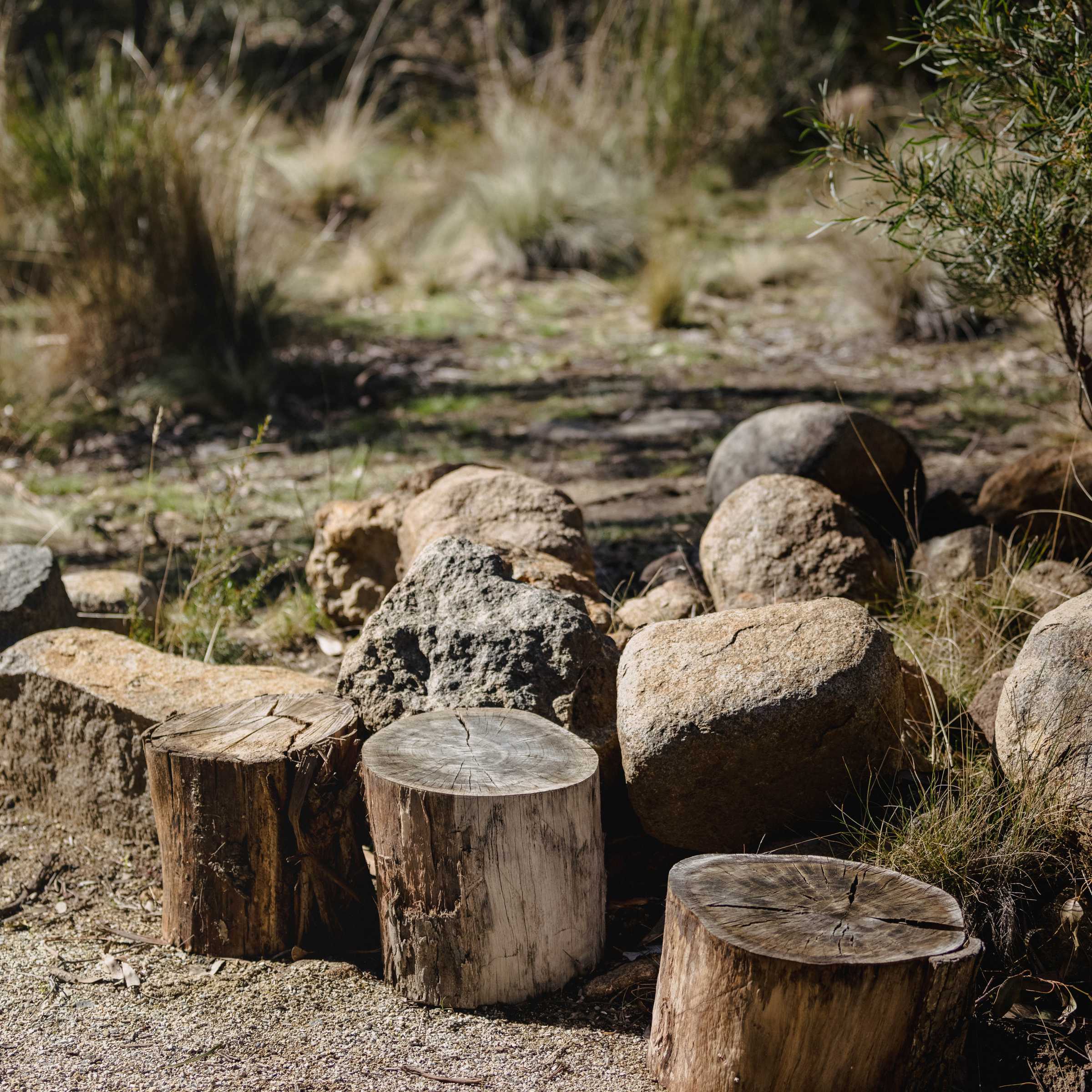 Natural landscaping on a bush block, using existing materials. Credit: Jordan Davis.