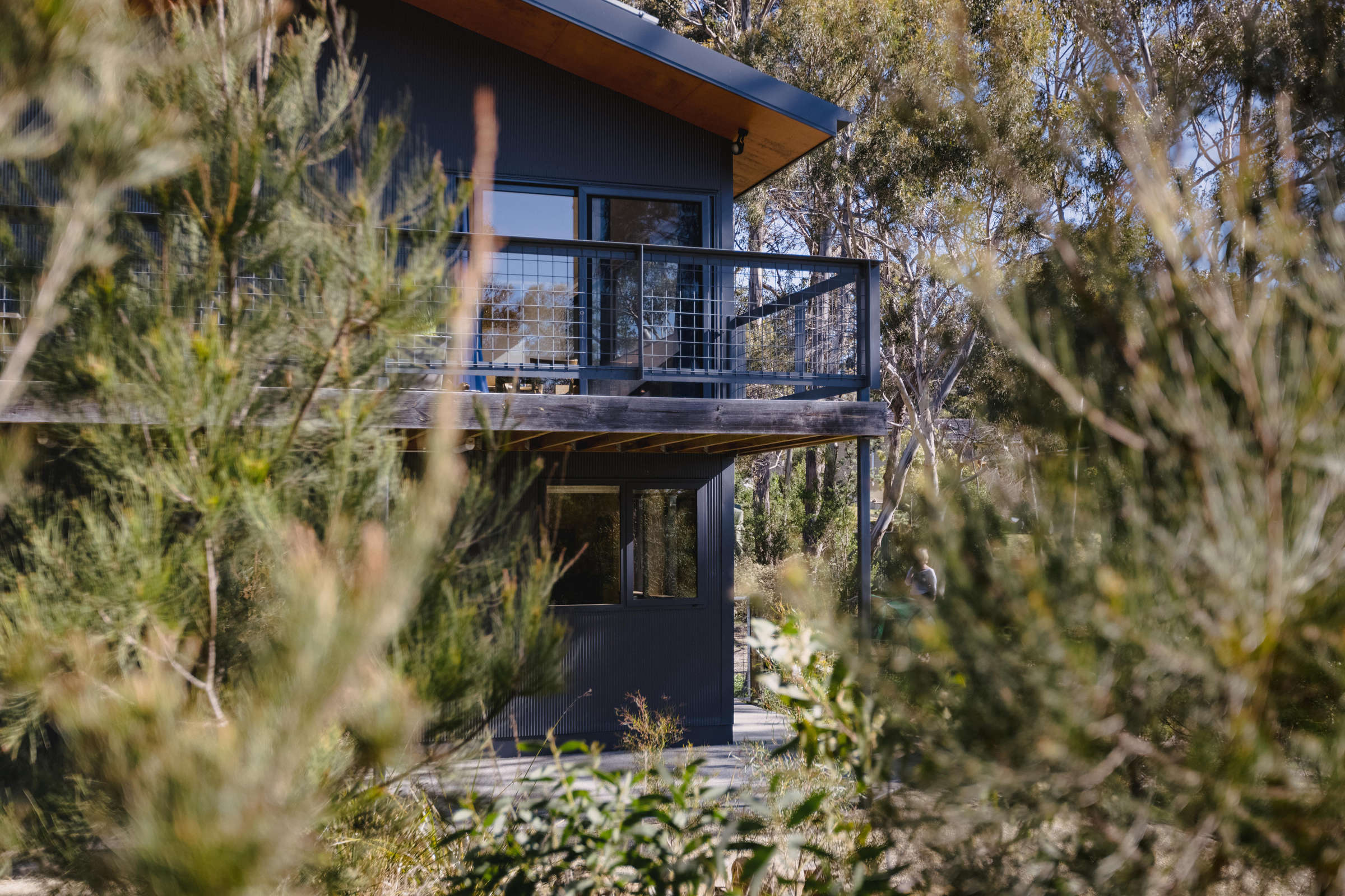 Mt Nelson home renovation, showcasing the built in area under the house, creating two additional bedrooms and a usable under-house storage space, and surrounded by bushland. Credit: Jordan Davis.