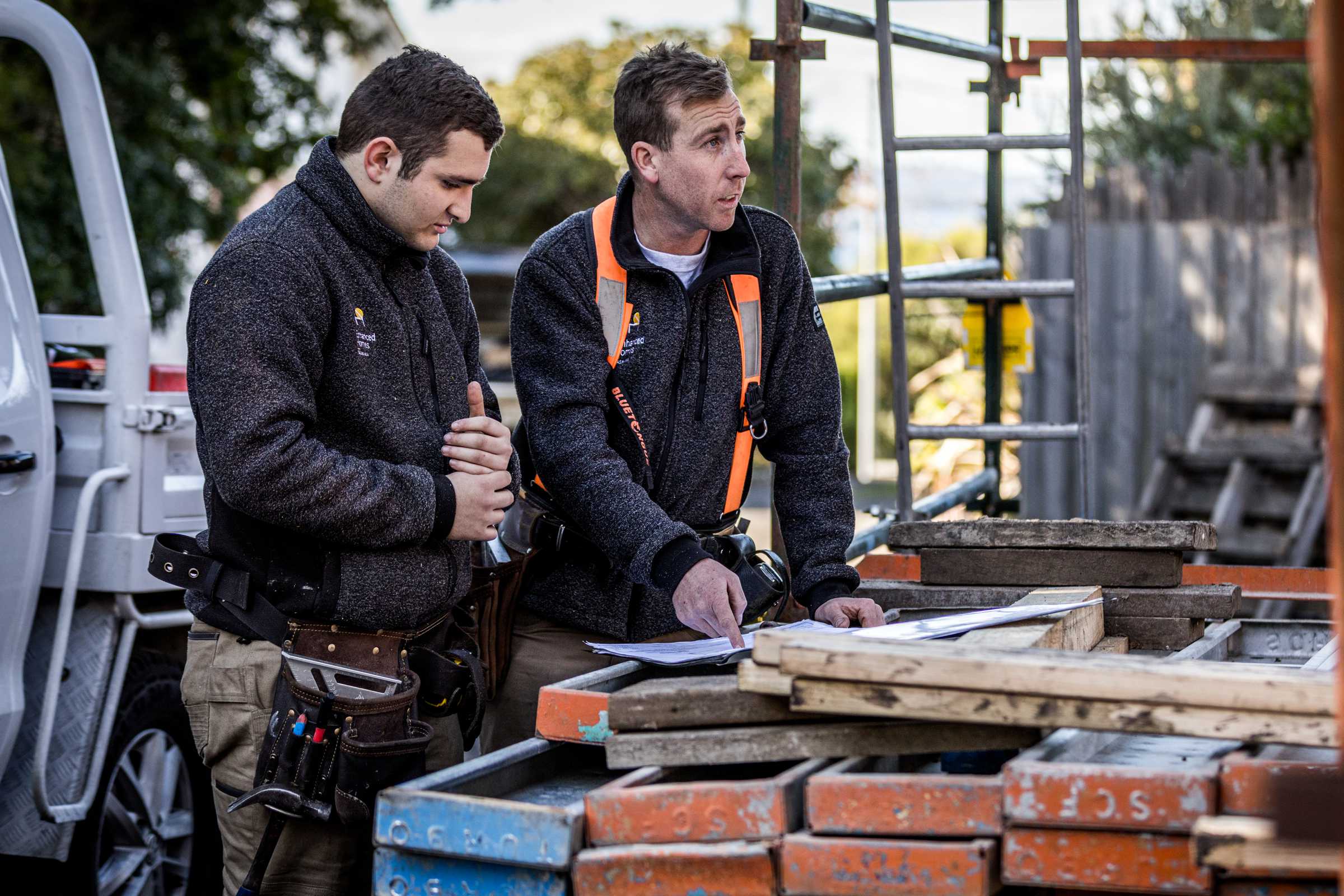 Work team accurately reading plans and construct scaffolding in a safe manner. Credit: Natalie Mendham.