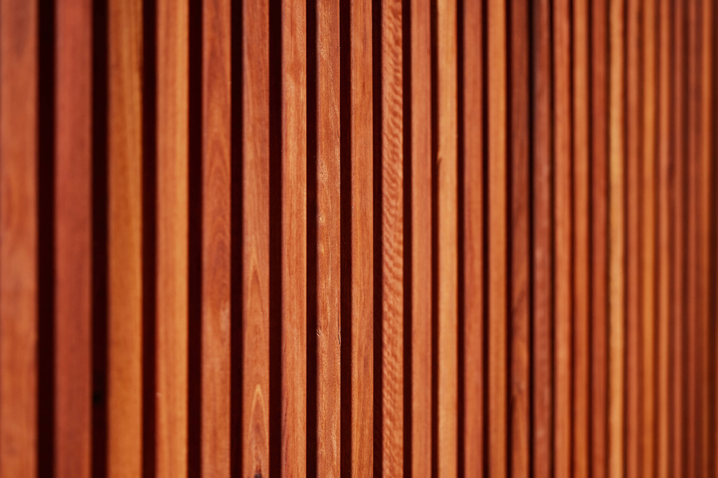 Closeup detail of symmetrical spotted gum timber slats on the deck wall. Credit: Samuel Shelley.